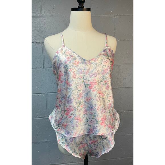 Vintage 80s Two Piece Camisole Flutter Shorts Lingerie Set Pastel Floral Satin - Picture 8 of 10